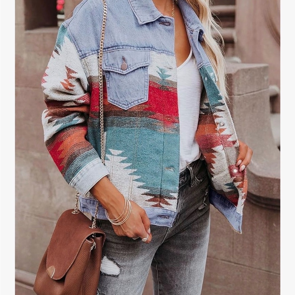 Southwest Pattern Denim-Trim Jacket in Teal & Red
